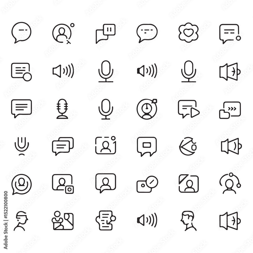Poster a comprehensive collection of minimalist line art icons illustrating communication and social media 