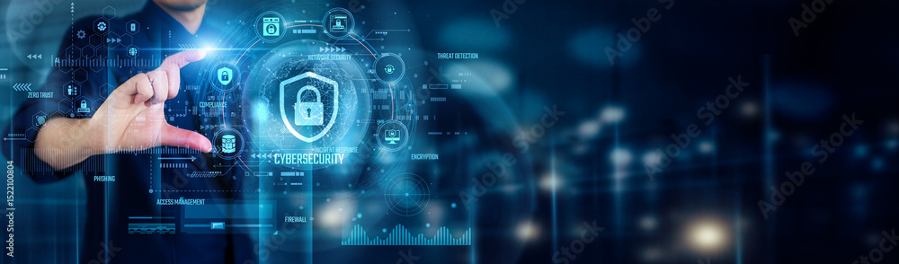 Poster businessman touching cybersecurity icons activates authentication, malware detection, and intrusion 