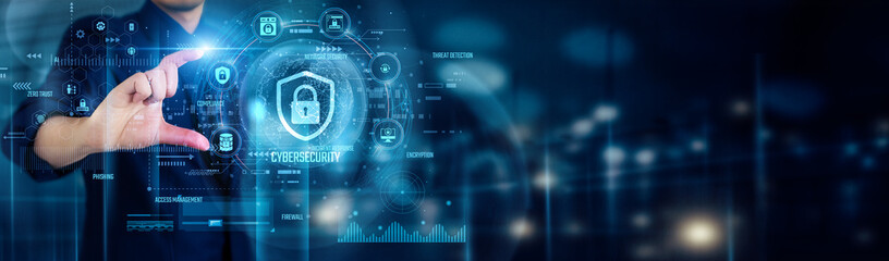 Businessman touching cybersecurity icons activates authentication, malware detection, and intrusion...