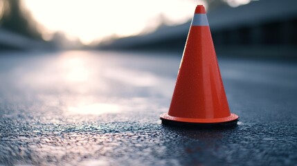 A solitary orange traffic cone on a wet, reflective surface with a blurred background.