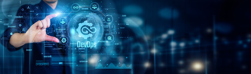 Businessman touching DevOps icons symbolizes collaboration, automation, continuous integration, continuous delivery, monitoring, and feedback for faster, reliable software development and deployment.
