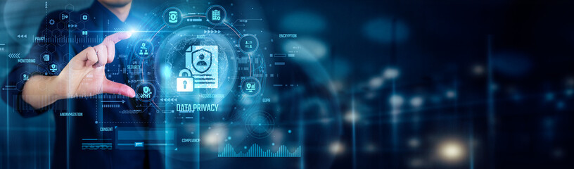 Businessman touching DATA PRIVACY icons shows control, and secure management of personal data, ensuring compliance, user consent, and safeguarding sensitive information from unauthorized access.