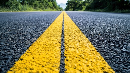 A yellow line painted on a black asphalt road with green trees in the background.