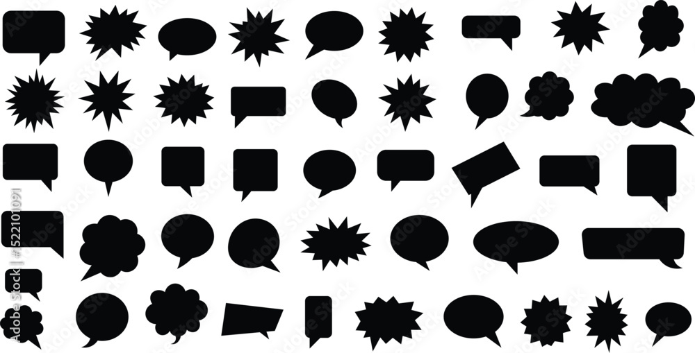 Poster diverse set of stylized black speech bubbles various shapes for communication and design elements
