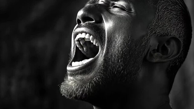 Exalted man passionately shouting in a dramatic black and white portrait, Exalted man shouting