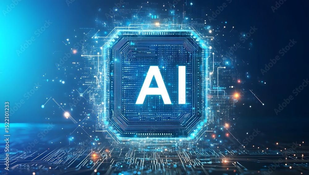 Poster artificial intelligence. the chip has the letters 
