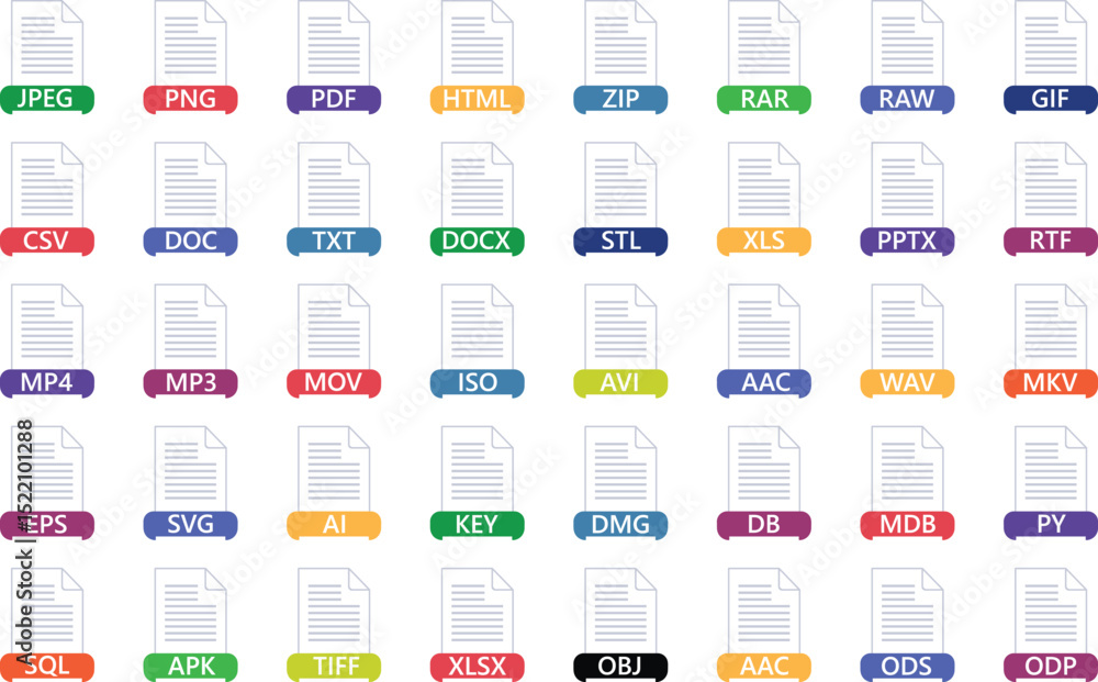 Poster flat illustrated icons depicting various file formats across a spectrum of colorful labels