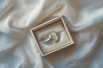 symbolic close-up of coupleâ€™s rings side by side in box, white linen background