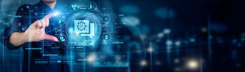 Businessman touching IT CONSULTING icons symbolizes strategic planning, innovative solutions, digital transformation, expert advice, and seamless technology integration for business growth.