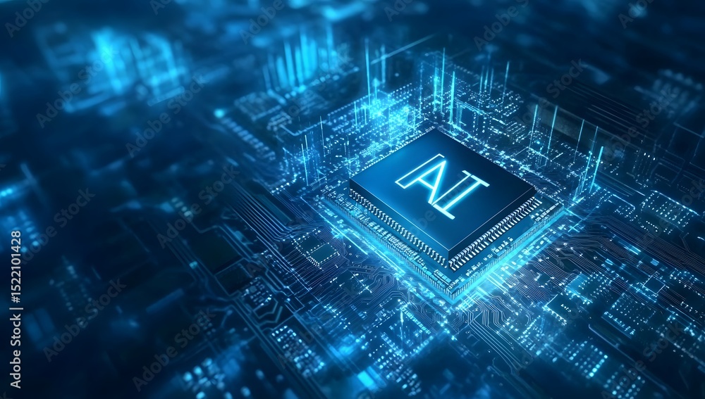 Poster artificial intelligence. the chip has the letters 