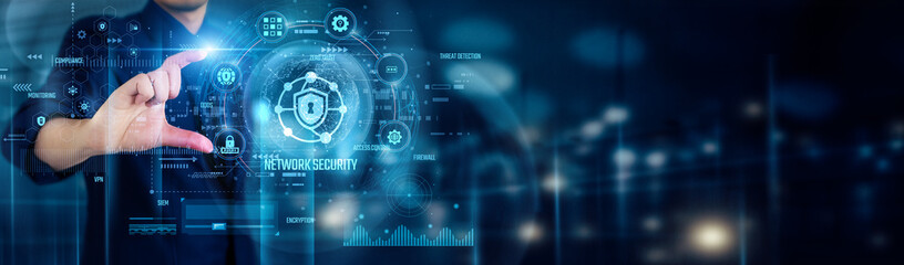 Businessman touching NETWORK SECURITY icons represents protecting data, preventing cyber attacks, using firewalls, encryption, monitoring threats, reliable communication across networks and devices.