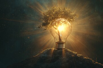 Surreal glowing light bulb with a tree growing from it, sun rays beaming down