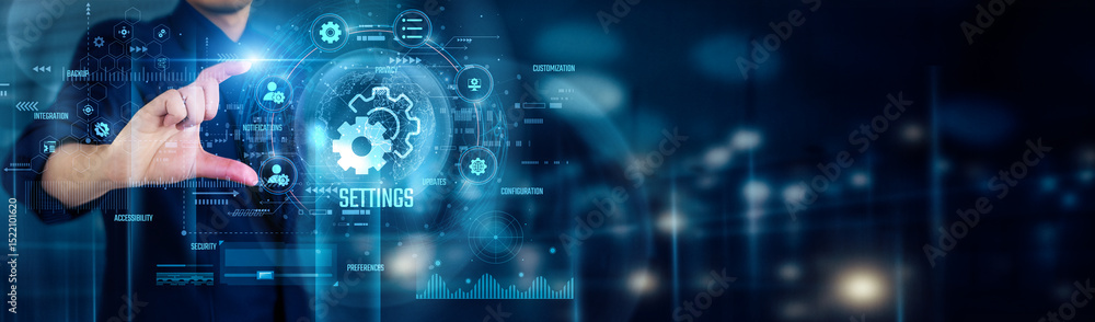 Poster businessman touching settings icons adjusts preferences, customizes features, optimizes system funct
