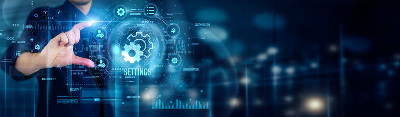 Businessman touching SETTINGS icons adjusts preferences, customizes features, optimizes system functions, enhances user experience, and controls device configurations efficiently.