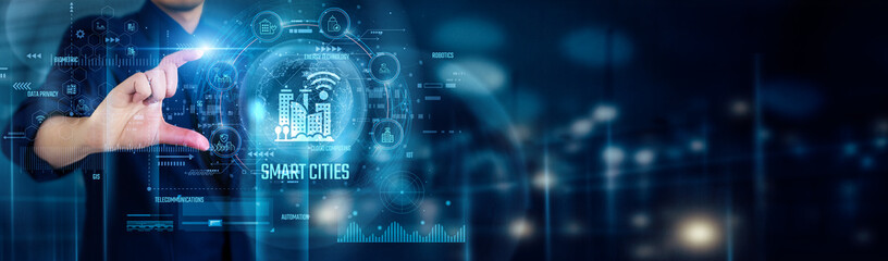 Businessman touching SMART CITIES icons symbolizes innovation, connectivity, sustainability, technology integration, efficient infrastructure, and improved urban living for future-ready communities.