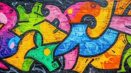 Obraz premium Abstract colorful graffiti mural with cartoon characters, dynamic colors, and fluid lines on dark background highlighting bright designs for energetic atmosphere. Ideal for urban decor, wall art, or a