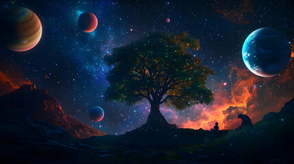 Cosmic Tree In Starry Night Galaxy