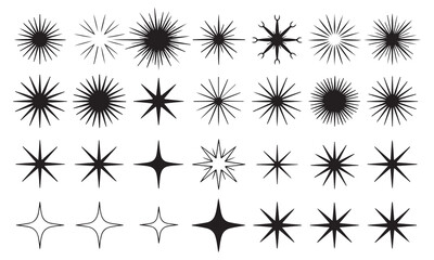 Collection of various black starbursts and star shapes for graphic design projects and decorative elements on a white background