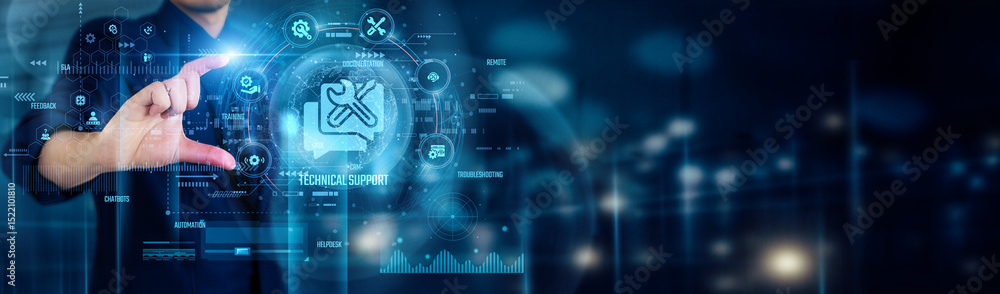Poster businessman touching technical support icons ensures quick problem-solving, seamless communication, 