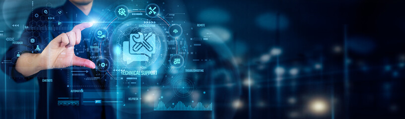 Businessman touching technical support icons ensures quick problem-solving, seamless communication, expert assistance, efficient troubleshooting, reliable service, and enhanced user satisfaction.
