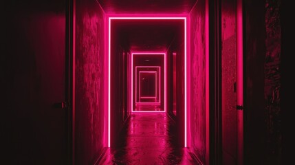 Fototapeta premium A long dark hallway with neon pink light frames illuminated