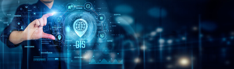 Geographic Information System. Businessman touching GIS icons for mapping, analysis, planning, monitoring, decision-making, visualization, and location intelligence.