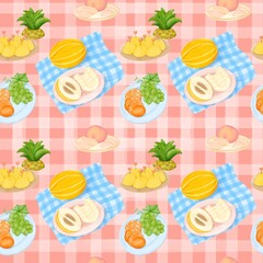 Seamless pattern with summer picnic and fruit Pineapple, Peach and Korean Melon on pastel Red