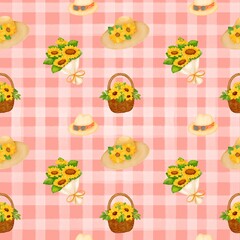 Seamless pattern with summer picnic and  on pastel Red
