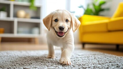 Energetic golden labrador puppy walking indoors - Powered by Adobe
