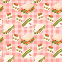 Seamless pattern with summer picnic and  on pastel Red