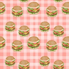Seamless pattern with summer picnic and  on pastel Red
