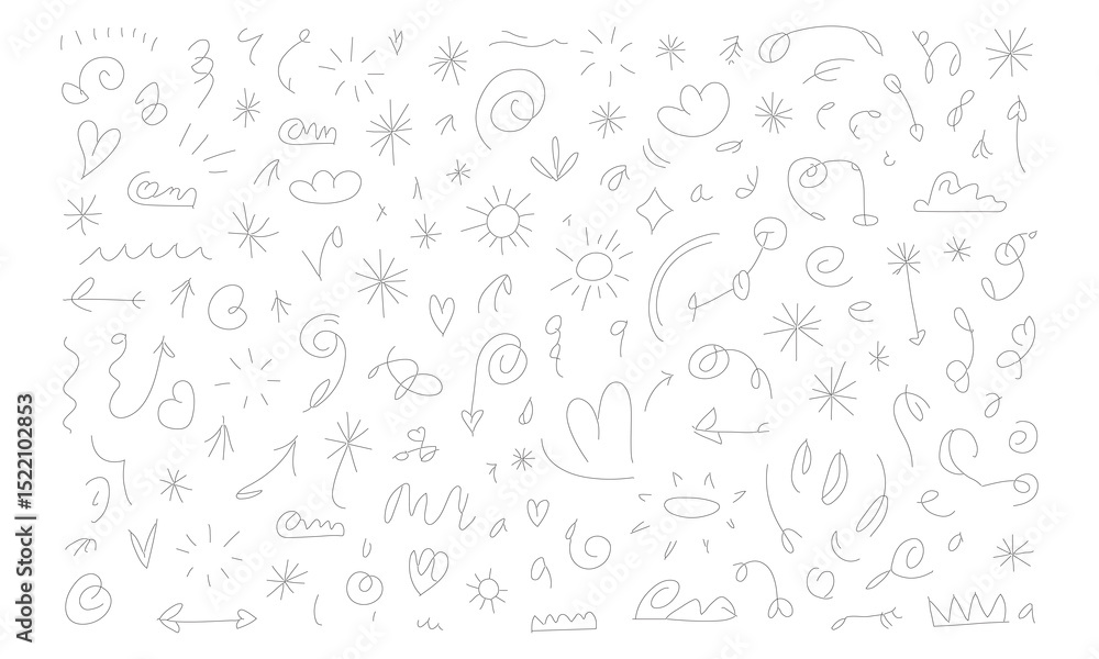 Poster hand drawn doodle elements collection in simple line style with arrows hearts stars and various desi