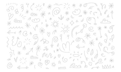 Hand drawn doodle elements collection in simple line style with arrows hearts stars and various design shapes perfect for creative projects