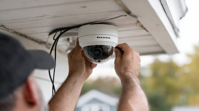 Securing the Perimeter: A watchful gaze, as an individual installs a surveillance camera, ensuring safety and protection with cutting-edge technology.