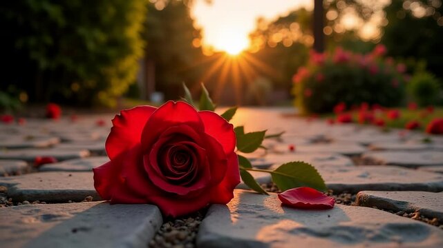 Delicate Red Rose on Stone Path at Sunset A breathtaking 24k video showcasing a single red rose petal delicately resting on a stone path against a pale orange sunset backdrop