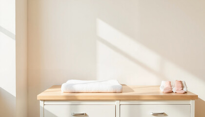 Changing pad on dresser with soft towels in bright room  