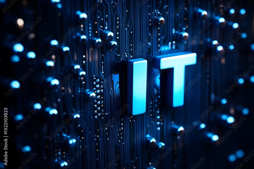 Poster digital icon of information technology or circuit board with the text 