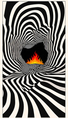 Abstract Black and White Swirling Tunnel Leading to a Fiery Inferno A captivating optical illusion artwork
