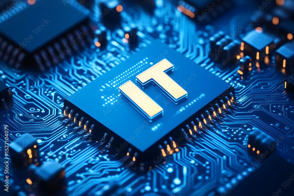 Poster digital icon of information technology or circuit board with the text 
