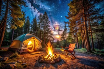 Campfire's warm embrace: a night in the woods,  tent nestled, chair awaiting, adventure's quiet thrill.