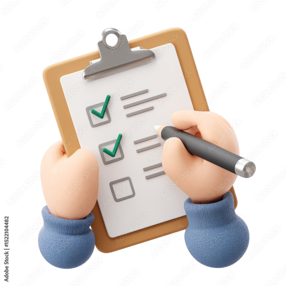Poster stylized hands completing checklist on clipboard representing task management
