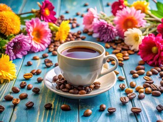 Fototapeta premium Candid coffee photography: the beauty of morning coffee, flowers, and blue hues.
