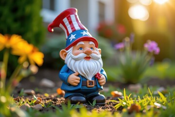 Obraz premium A whimsical garden gnome with a patriotic hat stands among colorful flowers and sunlight.