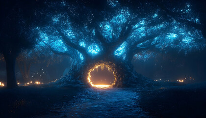 Glowing portal within a tree under deep blue foliage and night atmosphere