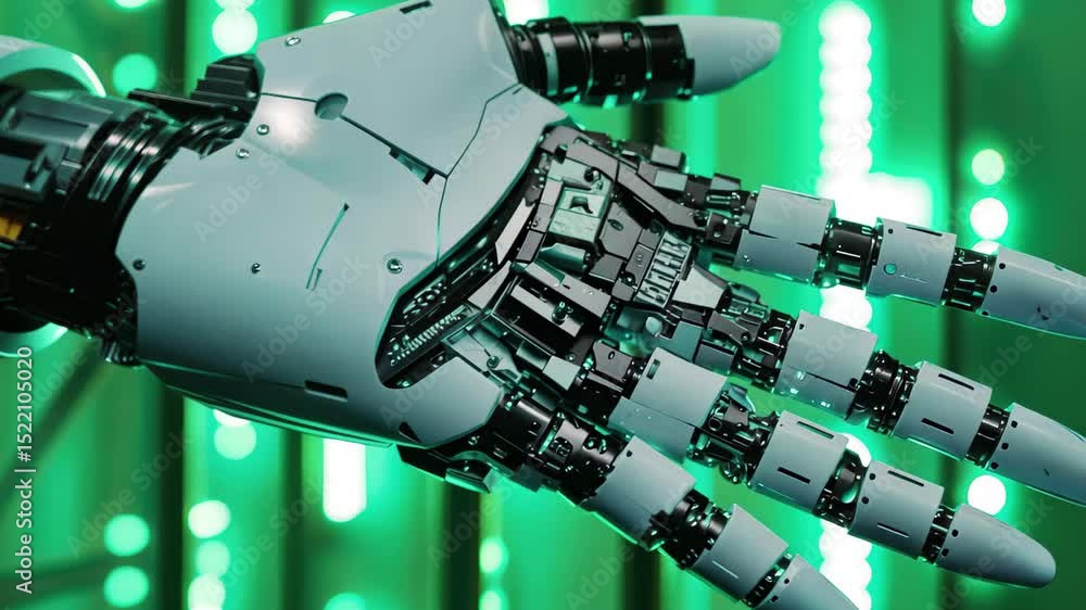 Aufkleber futuristic robotic hand extends toward glowing green background showcasing advanced technology, futu