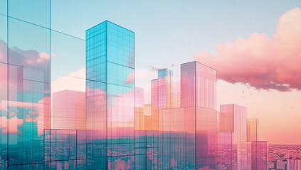 Obraz premium A city skyline made of transparent glass blocks, which beautifully reflect the soft pastel colors of the dawn sky, creates a calm and futuristic urban landscape.