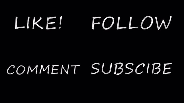 hand drawn doodle social media text animation on black background, like follow doddle text animated with alpha channel.