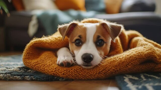Playful puppy smiling on sofa with tongue out