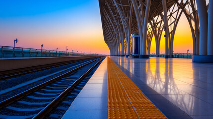 Fototapeta premium An empty, modern train station under a colorful sunset sky, with symmetrical architecture, reflective floors, and shining railroad tracks. The inviting light creates a serene atmosphere.