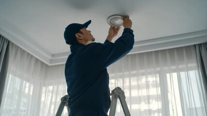 Professional Electrician at Work: An experienced electrician expertly installs a ceiling light, meticulously focused on the task at hand, within a well-lit, contemporary interior space.